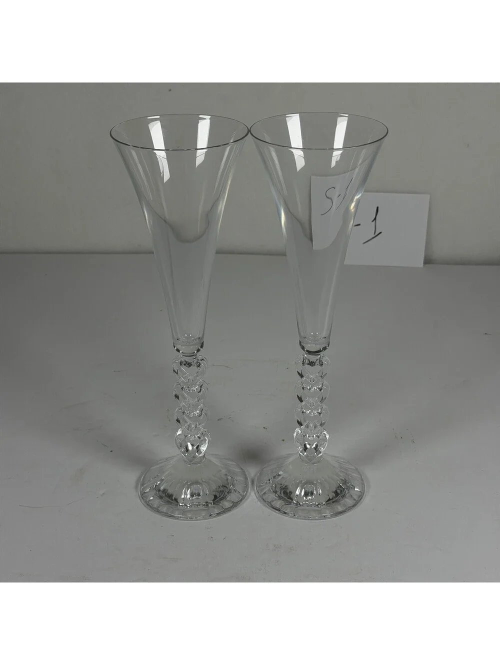 Set of 2 Clear Glass Champagne Flutes with Stacked Heart Stems - S-1